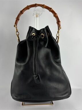 Gucci Bamboo Drawstring Bucket Bag Black Leather Shoulder Vintage